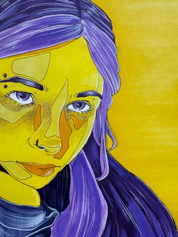 Self-portrait, purple and yellow face, detail of color theory project by <a href='http://nva.seezl.com'>博彩网站</a> fine arts major, Sarah Wojnarowski